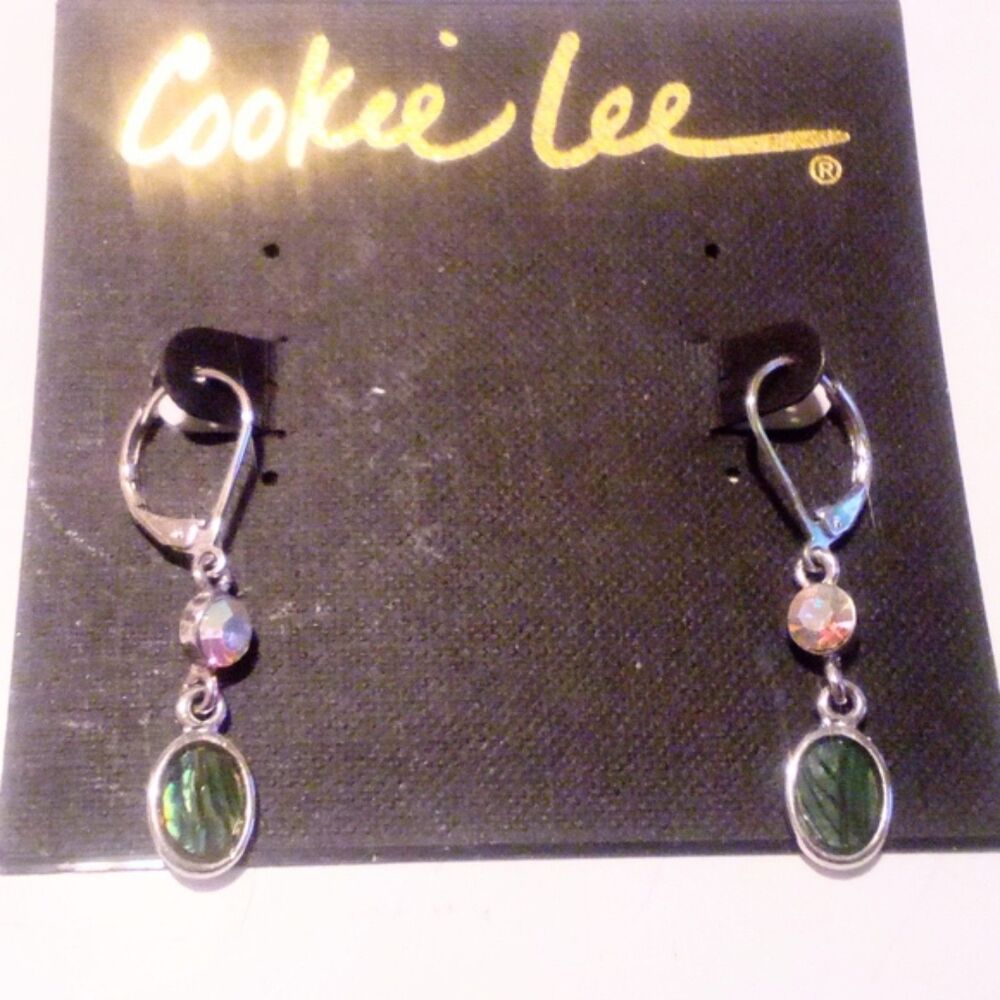 Cookie Lee NWT Silver Tone Abalone and AB Rhinestone Drop Earrings